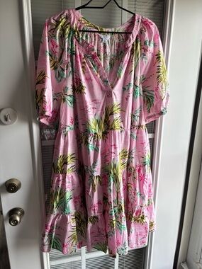crown & ivy Pink Tropical Print Tiered Dress 3X so cute!! 💯 cotton
